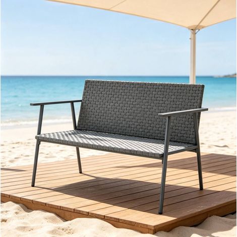 Banc de jardin 2 places en résine tressée et acier galvanisé, gris, avec pieds réglables HAVRYA (1/5)