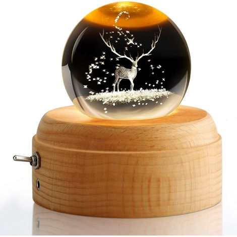 Boîte à musique rotative en bois, boule de cristal 3D, avec fonction de projection de lumière chaude, boule de cristal rotative, cadeau d'anniversaire, cadeau de Noël (élan) (1/5)