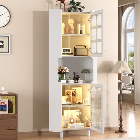 Meuble d'angle blanc 63,5×157,5 cm – Meuble d'angle blanc laqué lumineux LED – rangement modulable – - Commode bibliothèque rangement multifonction pour salon, salle de bain, chambre (1/5)