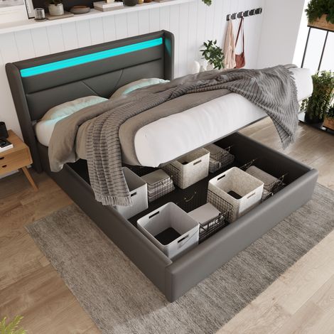 Polsterbett 140/200 cm grau aus PU-Kunstleder mit LED-Kopfteil und Bettkasten (1/5)