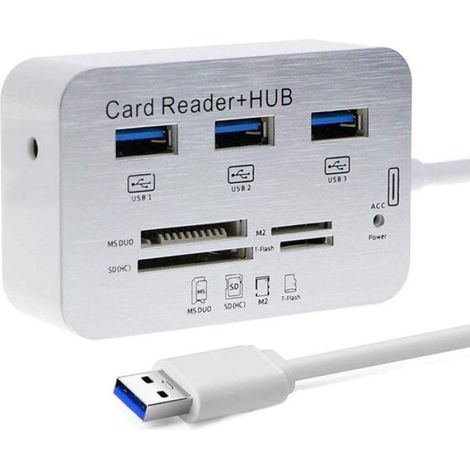 Hub USB 3.0 - 3 Ports - Lecteur De Cartes SD Micro SD TF - Compatible Windows Mac - Câble 50 cm - Blanc (1/5)