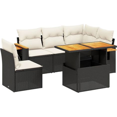 Salon de jardin 6 pcs Mobilier de jardin avec coussins noir résine tressée (1/5)