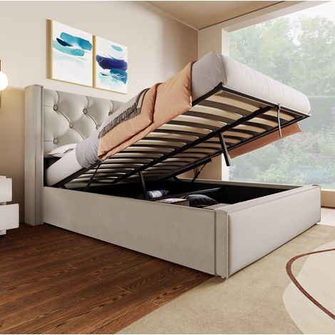 Cama matrimonial tapizada 160x200 cm, gris claro, con cabecero capitoné y arcón elevable (1/5)