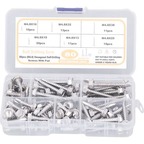 Kit de 80 vis autoperceuses tête hexagonale à rondelle en acier inoxydable 410, M4.8, assortiment de visserie (1/5)