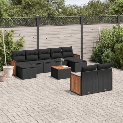 Ensemble Jardin 10 Places Noir Résine Tressée avec Coussins - Salon Extérieur Modulaire Acacia (1/5)
