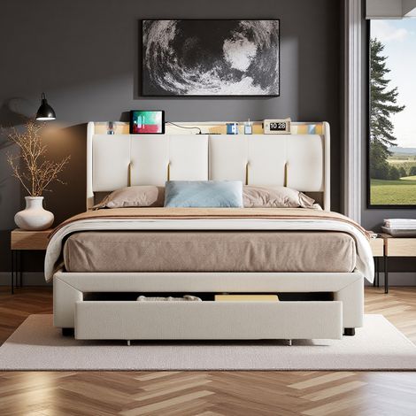 Cama para adultos 140 x 200 cm con cajones - Terciopelo beige - USB y LED - Somier de 12 láminas (1/5)