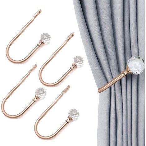 Set of 4 U-shaped curtain hooks with transparent crystal balls – Wall decoration – Rose gold