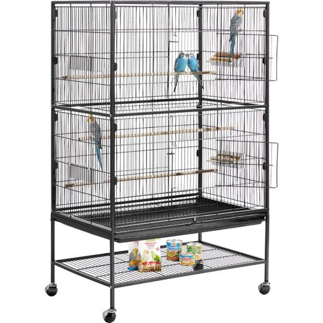 Cage Oiseau 80x52x132 cm Volière Oiseaux Toit Plat Cage Perroquet sur Pied Roulettes pour Mésange Bleue Calopsitte Canari Perruche Ondulée Conure, avec Perchoirs Plateau Coulissant Mangeoires (1/5)