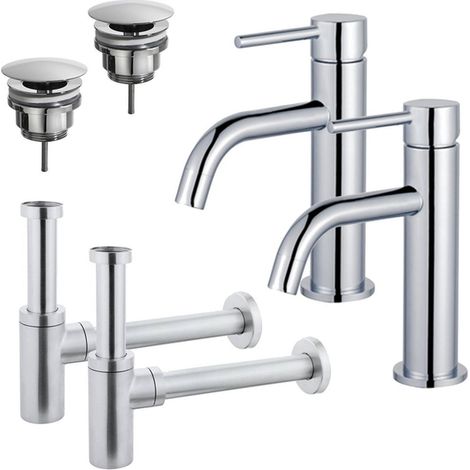 FugaFlow Eccelente Sobrado Slim Kit robinet lavabo - pour double vasque - robinet bas - bonde non-obturable - siphon design - Chrome brillant (1/4)