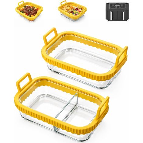 Lot de 2 Plats à gratin Airfryer pour friteuse à air Chaud 2 Chambres, Plat en Verre avec poignées Amovibles en Silicone et Couvercle, sans BPA (1/5)