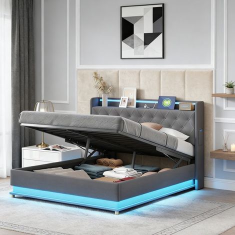 Bett coffre - NEXU - Doppelbett 160x200 cm mit USB und LED, gepolstertes Bett mit Lattenrost und Stauraum, graue Leinen