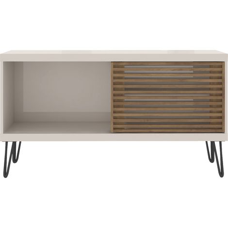 Meuble TV avec 1 porte coulissante coloris Beige / Chêne Buriti - longueur 120 x profondeur 33 x hauteur 65 cm -PEGANE-