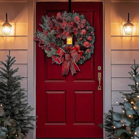 Couronne de Noël 2024 - Grande couronne lumineuse artificielle pour porte d'entrée - Couronne rouge avec ruban et nœud - Couronne de Noël avec boule de Noël (1/5)