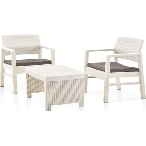 Salon de jardin 3 pièces en plastique blanc avec table, 2 fauteuils et 2 coussins - PANGIVO (1/5)