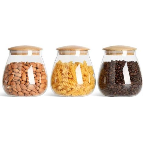 Bocaux de conservation en verre borosilicate scellé de 800 ml, avec couvercles en bambou et joints en silicone. Compatibles lave-vaisselle. Lot de 3. (1/5)