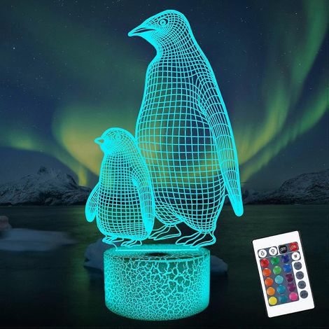 Veilleuse pingouin 3D pour enfants, lampe à illusion d'optique 16 couleurs changeantes avec télécommande, intensité réglable et 4 modes de clignotement, décoration pour chambre d'enfant