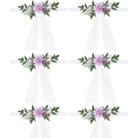 Lot de 6 décorations de chaises de mariage avec fleurs artificielles violettes, pour l'allée centrale. Motifs floraux et feuillages.