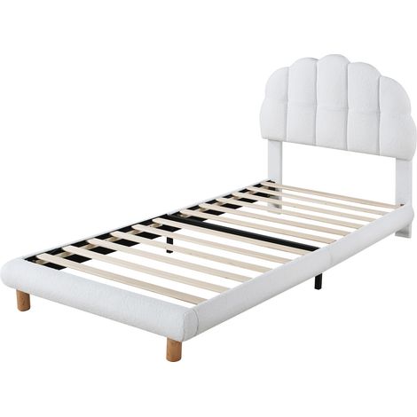 Lit simple 90x200 cm capitonné blanc avec sommier à lattes en bois (1/5)