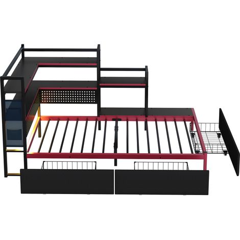 Cadre de lit en métal style gaming avec 3 tiroirs, éclairage LED, ports USB, panneau perforé et étagères latérales – lit plateforme robuste avec rangement malin pour chambres d'ados et d'adultes (1/5)