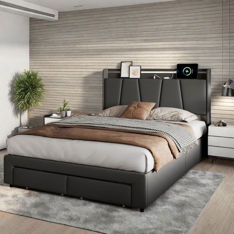 Lit mit einer Größe von 140x200 cm - Grau - Integrierte LED - 2 Aufbewahrungsschubladen - Kopfteil mit USB