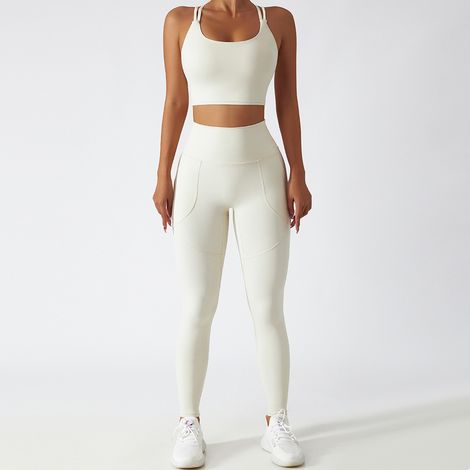 Pantalon de yoga taille haute pour femme, extensible, gainant ventre et hanches, legging de sport avec poche pour cyclisme et course à pied, couleur crème, taille M. Idéal pour le M. Couleur : crème. (1/5)