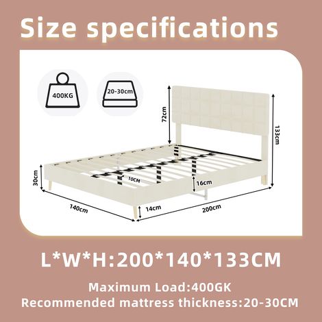 Lit tissu beige foncé moderne, tête de lit capitonnée à carreaux luxe douce, chambre principale et secondaire petite taille, lit double 140x200cm, matelas non inclus, teinte beige. (1/5)
