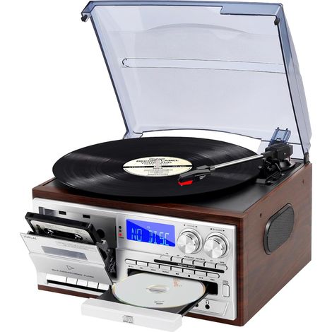 9-in-1 Platine Vinyle 3 Vitesses Bluetooth avec Prise Audio 3,5 mm, Vinyle Phono avec Haut-parleurs stéréo intégrés/Piles, CD/Cassette, Radio AM/FM, USB/SD, Marron (1/5)