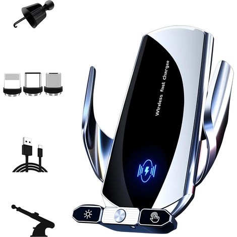 Support de téléphone de Voiture sans Fil,Chargeur de Voiture sans Fil 15 W,Charge Rapide,Chargeur de Voiture à Fixation Automatique,Support Ventouse,Tableau de Bord/Grille d'aération,argenté (1/5)