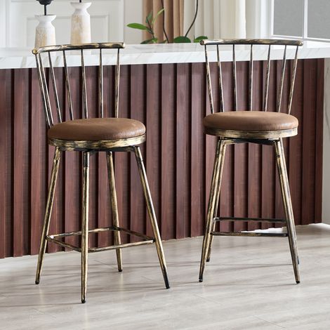 MEUBLIV Lot de 2 tabourets de bar marron 39x39x96 cm style Windsor avec assise rembourrée (1/5)