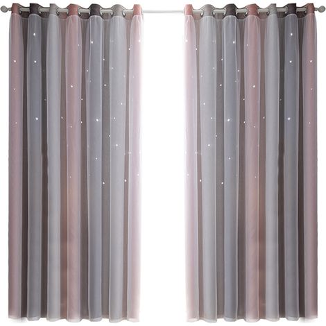 Rideaux à étoiles en tissu polyester double couche avec voilage à rayures dégradées, anneaux en plastique, 1 panneau 53" x 63"L, chambre enfant fille salon