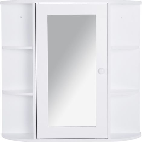 Armoire de toilette murale avec miroir et espace de rangement, 1 porte + étagères latérales, blanche