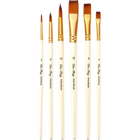 Set mit 6 runden und flachen Nylonpinseln mit Holzgriffen für Aquarell-, Öl-, Gouache-, Acryl-, Nagel-, Körper- und Gesichtsbemalung. Geeignet für Kunsthandwerk, Anfänger, Kinder und Erwachsene. (1/2)