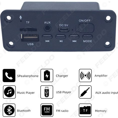 Lecteur MP3 de voiture avec module Bluetooth 5.0, carte décodeur, emplacement pour carte USB/TF, microphone, amplificateur et récepteur FM.