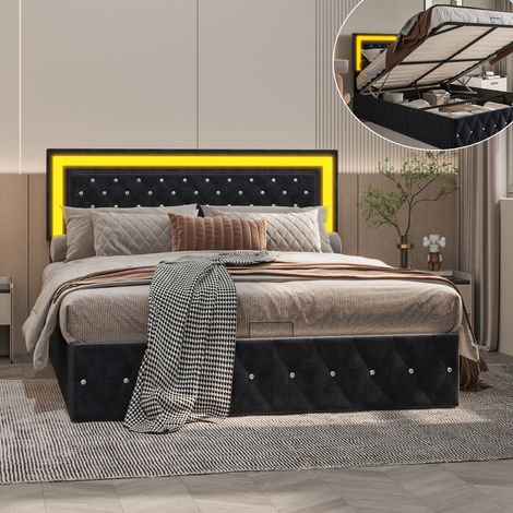 Lit coffre double adulte 160x200 cm avec rangement hydraulique, éclairage LED, tête de lit losange, velours capitonné