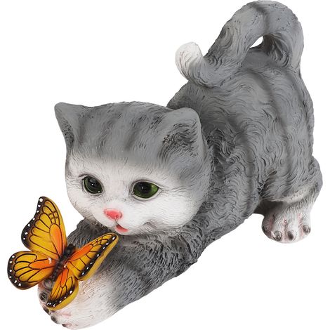 Gartenkatzenfigur aus Kunstharz, wasserfest, solarbetrieben, niedliche Katze mit Schmetterling, Gartendekoration für Terrasse, Balkon, Hof und Rasen (1/5)