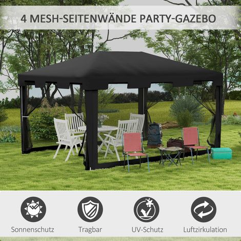 Pavillon de fête 4x3 m – Gazebo de jardin avec 4 parois en moustiquaire (2 avec fermeture éclair), toit imperméable en PE 90g/m², cadre métallique noir, inclut 8 sardines et 4 haubans – Idéal pour ter