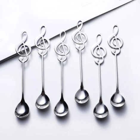 Cucharas de café con diseño de notas musicales, 6 piezas, creativas, bonitas, acero inoxidable 18/10, diseño de notas musicales, color plateado.