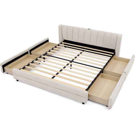 Lit double 140x200 cm avec 4 tiroirs de rangement, port USB et USB-C, tête de lit ergonomique en tissu beige pour chambre, invités et petit espace  CHICFURN (1/5)