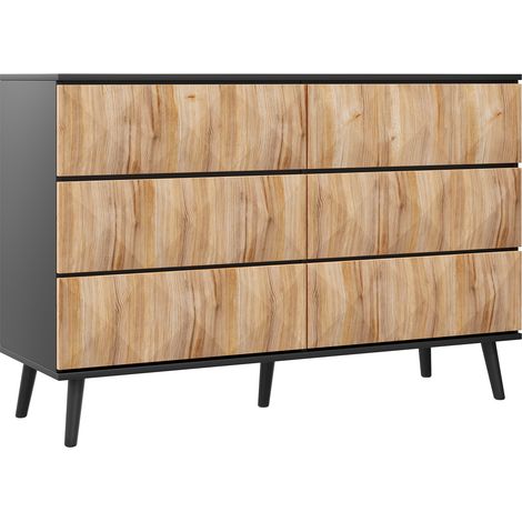 Aparador moderno con 6 cajones, negro y efecto madera, 120 x 40 x 85 cm (1/5)