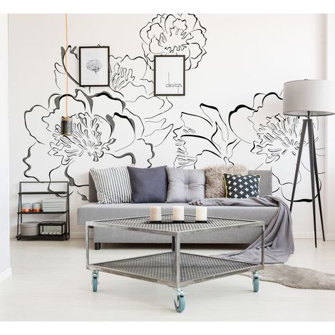 Papier peint intissé 270x250 cm, motifs fleuris graphiques et à la plume, déco unique et élégante pour votre intérieur. (1/4)