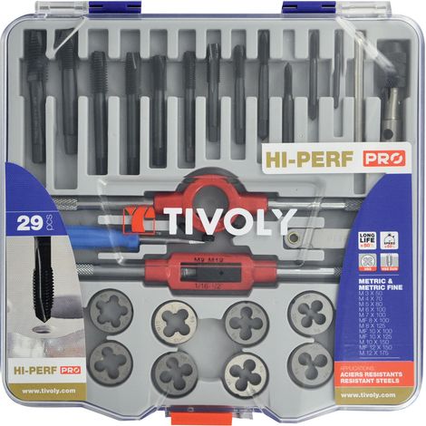 Tivoly • PRO-Koffer 29-teilig • 12 HSS-Gewindebohrer M3 bis M12 und MF8 bis MF12 • 12 HSS-Schneidbacken M3 bis M12 und MF8 bis MF12 • 2 Linksdreher • 1 Schneidbackenhalter • Zubehör • Für die Bearbeit