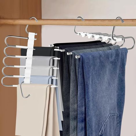 Platzsparender 5-in-1 Hosenbügel – 2 multifunktionale Hosenbügel aus Edelstahl, rutschfest, faltbar, für Schals, Jeans, Kleidung, Handtücher (Weiß) (1/5)