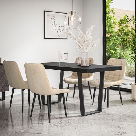 Aria Dining Table And Chairs - Black Table Top w Black Legs + Nova Velvet Dining Chair Set Of 4 (Beige) (1/5)