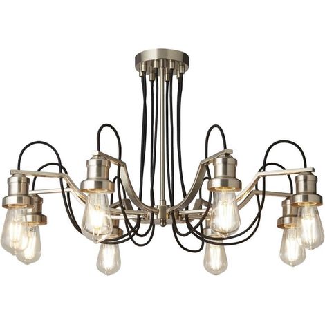 Lustre de plafond OLIVIA 8 Lumières, cable tissu tresse noir, Argent satiné E27 (1/2)