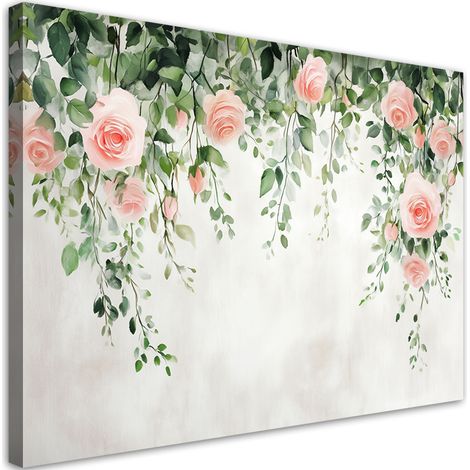 Quadro su tela, Rose pendenti fiori foglie verdi cemento - 60x40 (1/3)