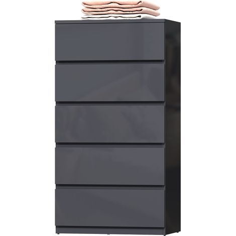Commode 5 tiroirs, meuble de rangement à haute brillance, fermeture douce et silencieuse, 53 x 34 x 100 cm, gris