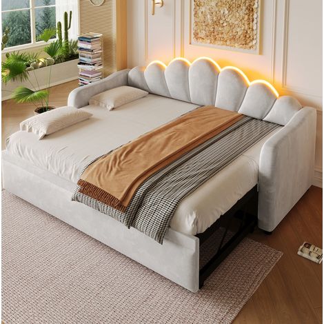Bettsofa modern gepolstert aus Samt Grau 90x200 cm mit Ausziehbett und LED-Kopfteil