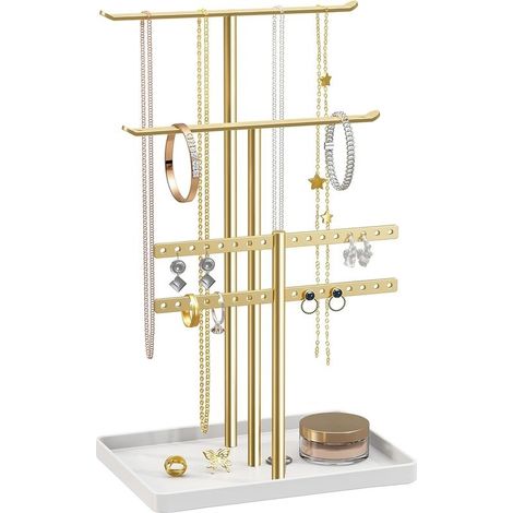 Organisateur de Support à Bijoux à 3 Niveaux - Support Solide pour 80 Pièces de Bijoux - Porte-Bijoux Doré - Porte-Bijoux pour Colliers, Boucles d'oreilles, Bracelets, Bagues - Cadeau pour Femmes (1/5)