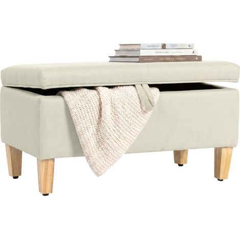 Banc de rangement, bout de lit, repose-pieds rembourré en lin avec pieds en bois de caoutchouc, 71x37x36cm, beige (1/5)