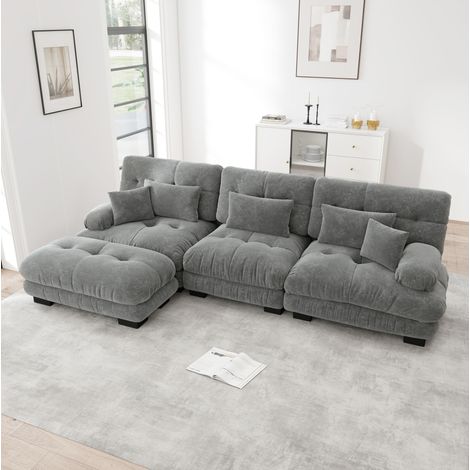 Sofá rinconera modular 313 x 145 x 81 cm en chenilla gris con ottoman HAVRYA (1/5)
